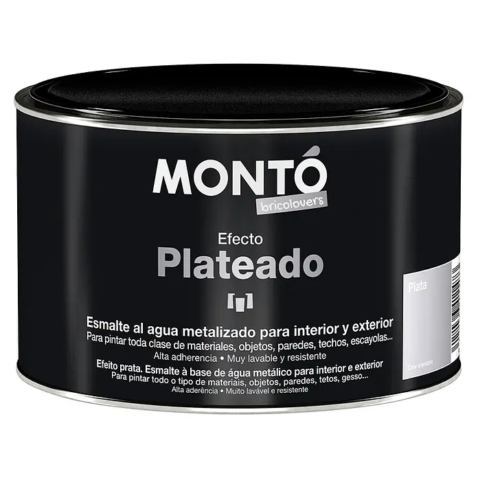 Montó Bricolovers Esmalte de color acrílico metalizado - Plateado, Satinado, 375 ml - Bote de pintura plateada Montó "bricolovers" para interior y exterior. Esmalte metálico al agua para todo tipo de materiales.