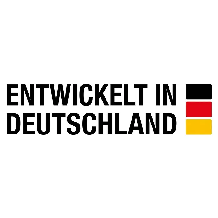 Gardena Sprinklersystem Wasserhahn - Metall - "Entwickelt in Deutschland"-Schild mit den deutschen Nationalfarben. Symbol für Qualität und Innovation aus Deutschland.
