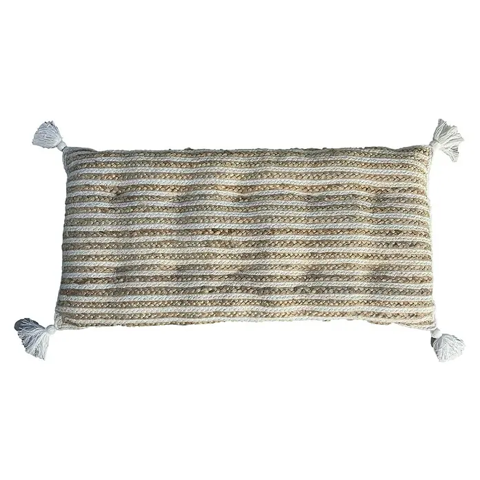 Cojín Yute Rayas - 40 x 90 cm, Textil, Blanco y natural, Rectangular - Cojín decorativo con flecos: Un cojín rectangular con rayas horizontales en tonos beige y crema, adornado con borlas blancas en las esquinas.