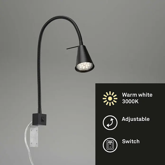 Briloner LED-Wandstrahler Tuso - 4 W, L x B x H: 5,8 x 21,7 x 40,3 cm, Schwarz, Warmweiß - Die elegante, schwarze LED-Wandleuchte mit Schwanenhals bietet warmweißes Licht, ist verstellbar und verfügt über einen Schalter.
