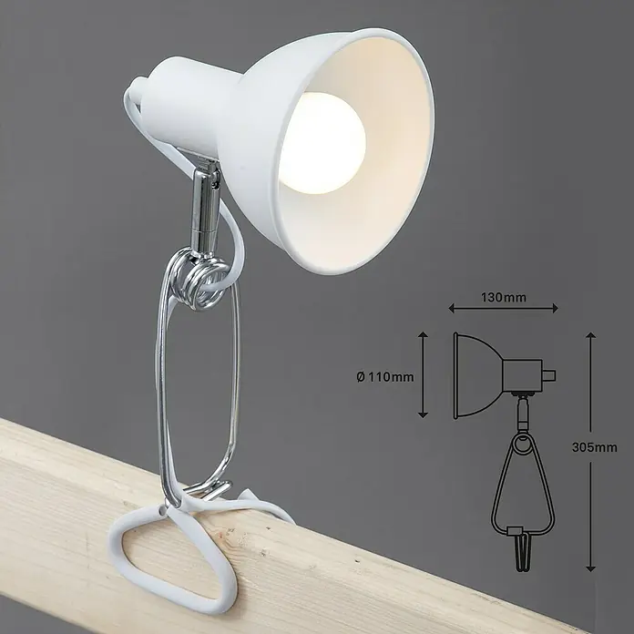 Briloner Klemmleuchte Fix - 8 W, L x B x H: 30,5 mm x 11 cm x 13 cm, Farbe Gehäuse: Weiß - Weiße Klemmleuchte mit Schirm und verstellbarem Arm, ideal für Schreibtische oder Regale. Praktische Beleuchtungslösung.