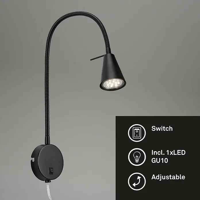 Briloner LED-Wandstrahler Tusa - 4 W, L x B x H: 5,8 x 20,5 x 45 cm, Schwarz, Warmweiß - Schwarze, verstellbare LED-Wandleuchte mit Schalter und GU10-Fassung für eine flexible Beleuchtung im Innenbereich.