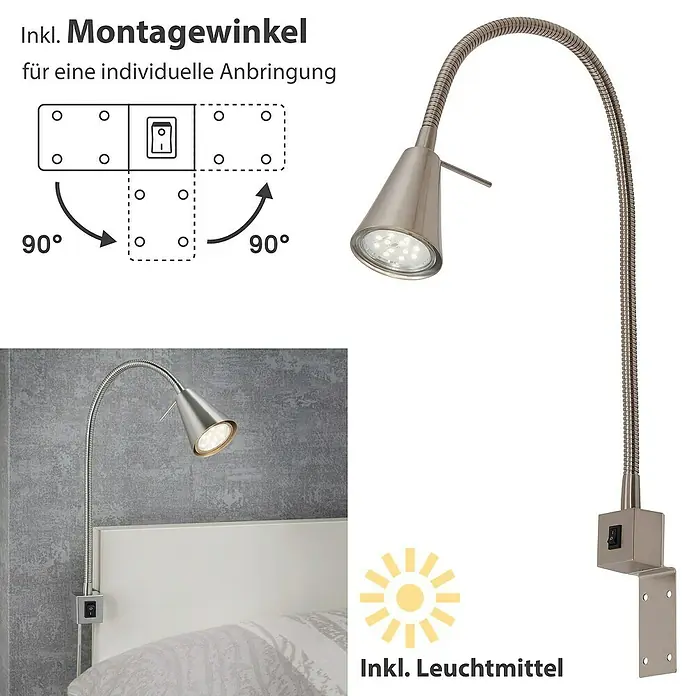 Briloner LED-Wandstrahler Tuso - 4 W, L x B x H: 5,8 x 21,7 x 40,3 cm, Warmweiß - Produktbild einer flexiblen, silberfarbenen LED-Wandleuchte mit Montagehalterung zur individuellen Anbringung. Inklusive Leuchtmittel.