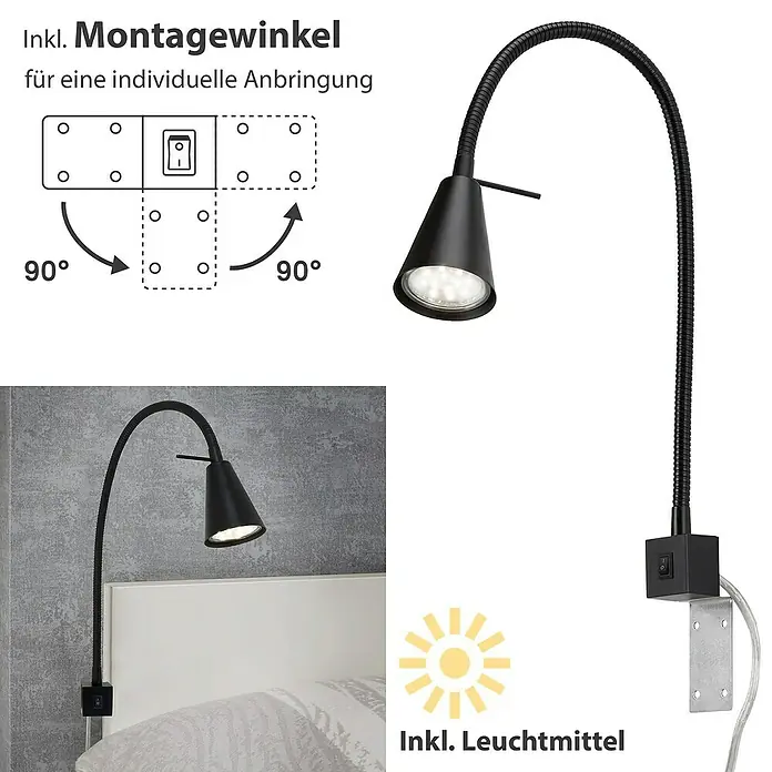 Briloner LED-Wandstrahler Tuso - 4 W, L x B x H: 5,8 x 21,7 x 40,3 cm, Schwarz, Warmweiß - Produktansicht einer schwarzen LED-Wandleuchte mit flexiblem Arm und Montagehalterung für individuelle Anbringung.