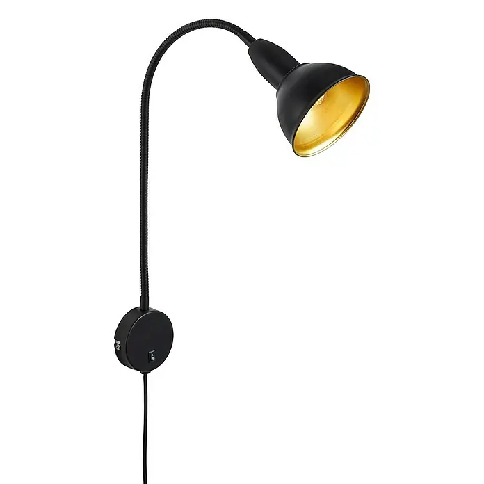 Briloner Leselicht Hygge - Schwarz, Lampenfassung: E14 - Elegante, mattschwarze Wandleuchte mit flexiblem Schwanenhals und goldfarbenem Reflektor für eine stilvolle Beleuchtung im Raum.