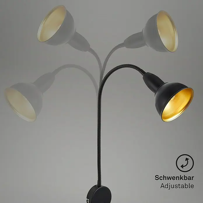 Briloner Leselicht Hygge - Schwarz, Lampenfassung: E14 - Bild einer schwarzen, verstellbaren Leselampe mit goldenem Reflektor, die sich ideal für die Lichtakzentuierung eignet.