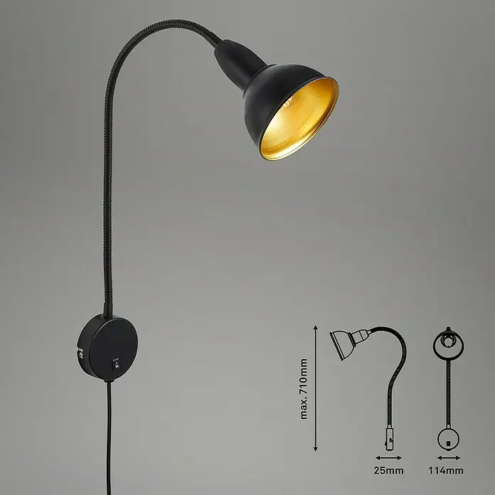 Briloner Leselicht Hygge - Schwarz, Lampenfassung: E14 - Schwarze Leselampe mit flexiblem Arm und goldfarbener Innenseite des Lampenschirms für gezieltes Licht.