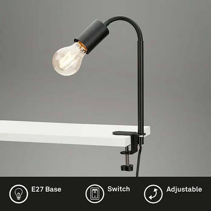 Briloner Klemmleuchte Krampo - 10 W, Farbe Gehäuse: Schwarz - Schreibtischlampe mit E27-Fassung, Schalter und verstellbarem Arm. Die Lampe ist schwarz und hat eine Klammer zur Befestigung am Tisch.