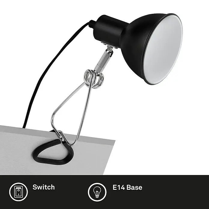 Briloner Klemmleuchte Fix - 8 W, L x B x H: 30,5 mm x 11 cm x 13 cm, Farbe Gehäuse: Schwarz - Eine schwarze Klemmleuchte mit E14-Sockel und Schalter für den Schreibtisch. Perfekt zum Lesen und Arbeiten mit flexiblem Lampenkopf.