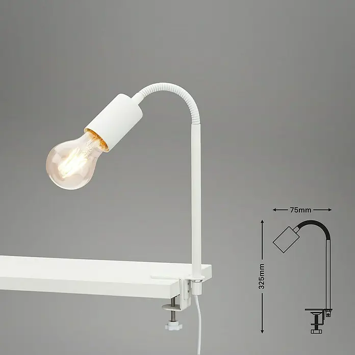Briloner Klemmleuchte Krampo - 10 W, Farbe Gehäuse: Weiß - Tischleuchte in Weiß mit Glühbirne, befestigt an einem Regal, ideal für Büro oder Zuhause. Kommt mit Maßangaben.