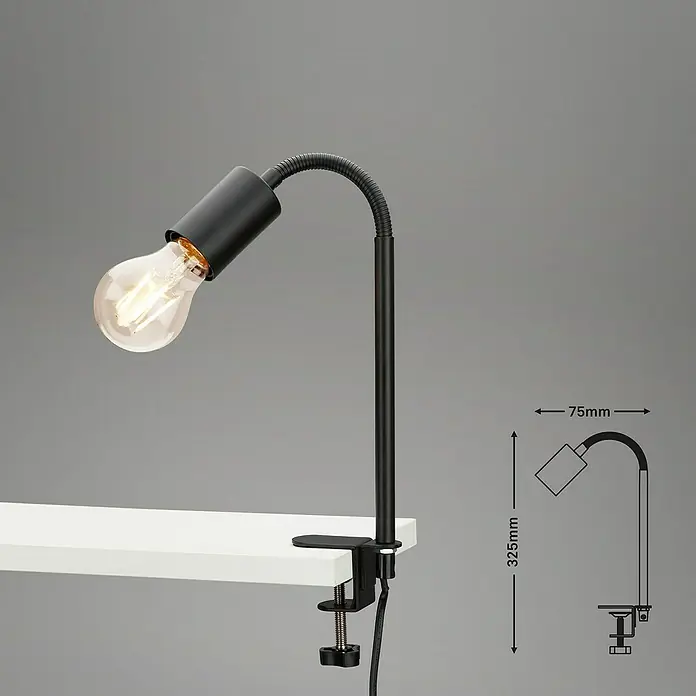 Briloner Klemmleuchte Krampo - 10 W, Farbe Gehäuse: Schwarz - Moderne Schreibtischlampe in Schwarz mit Glühbirne und Klemme zur Befestigung am Tisch.