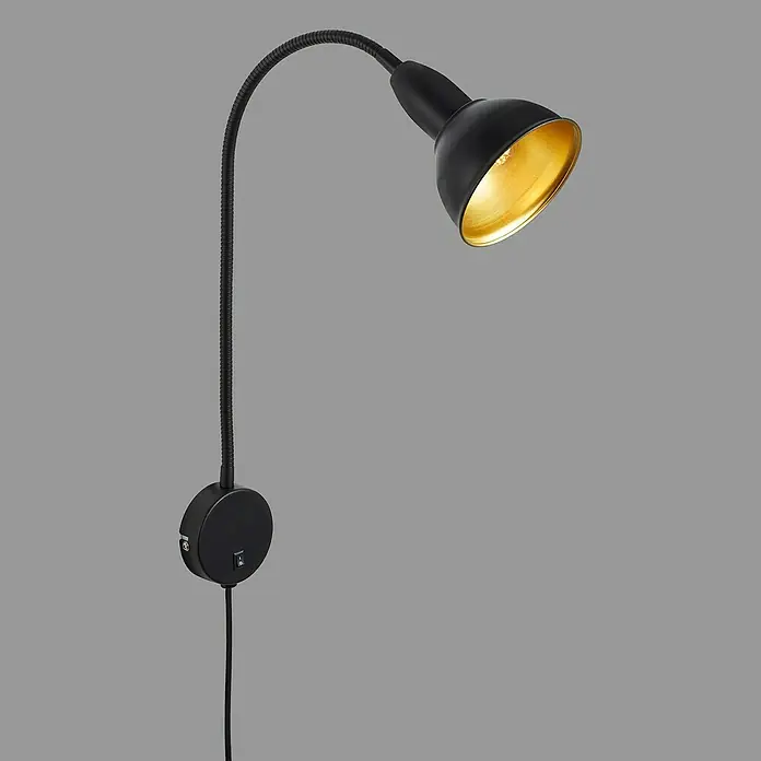 Briloner Leselicht Hygge - Schwarz, Lampenfassung: E14 - Schwarze Wandleuchte mit flexiblem Arm und goldfarbenem Lampenschirm für gezielte Beleuchtung im Innenbereich.