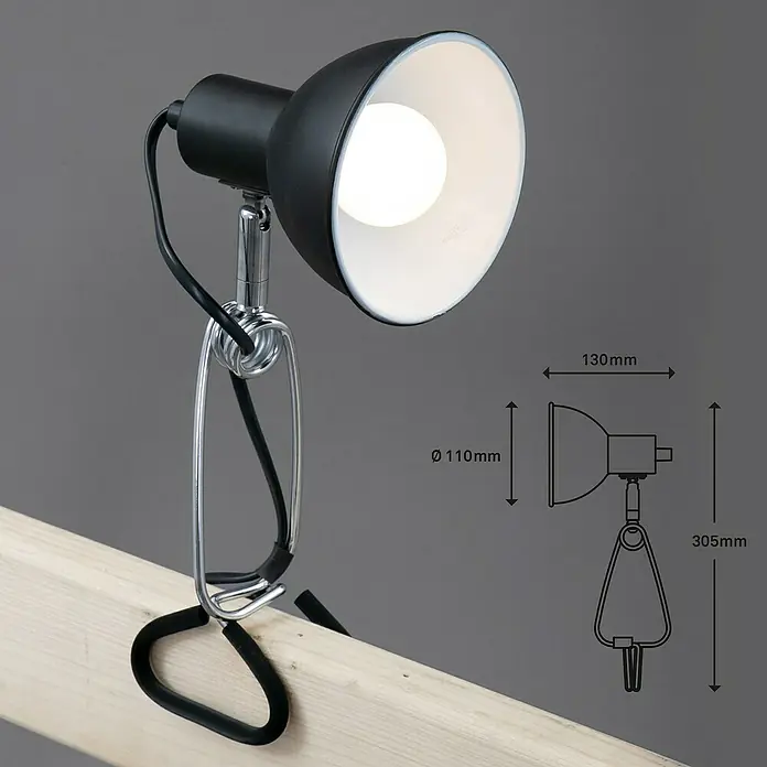 Briloner Klemmleuchte Fix - 8 W, L x B x H: 30,5 mm x 11 cm x 13 cm, Farbe Gehäuse: Schwarz - Schwarze Klemmleuchte mit verchromtem Gestell und hellem, leuchtendem Licht, ideal für Schreibtische und Arbeitsbereiche.