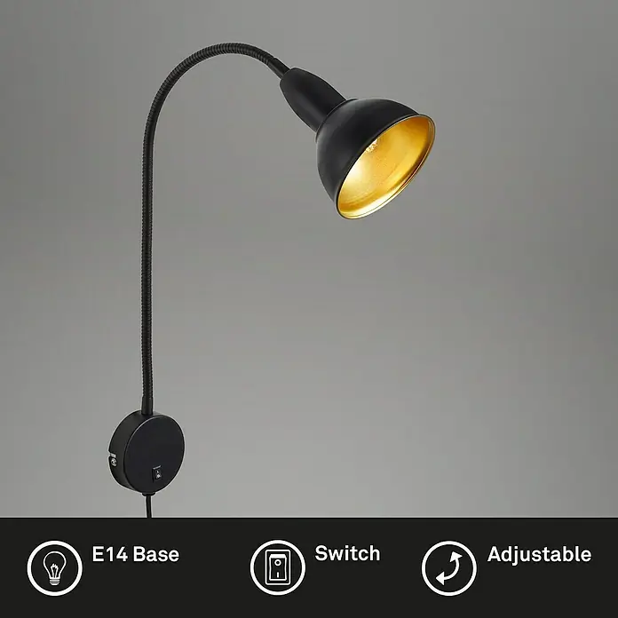 Briloner Leselicht Hygge - Schwarz, Lampenfassung: E14 - Schwarze, verstellbare Wandleuchte mit E14-Sockel und Schalter. Ideal für Schlafzimmer, Büro oder Wohnzimmer.
