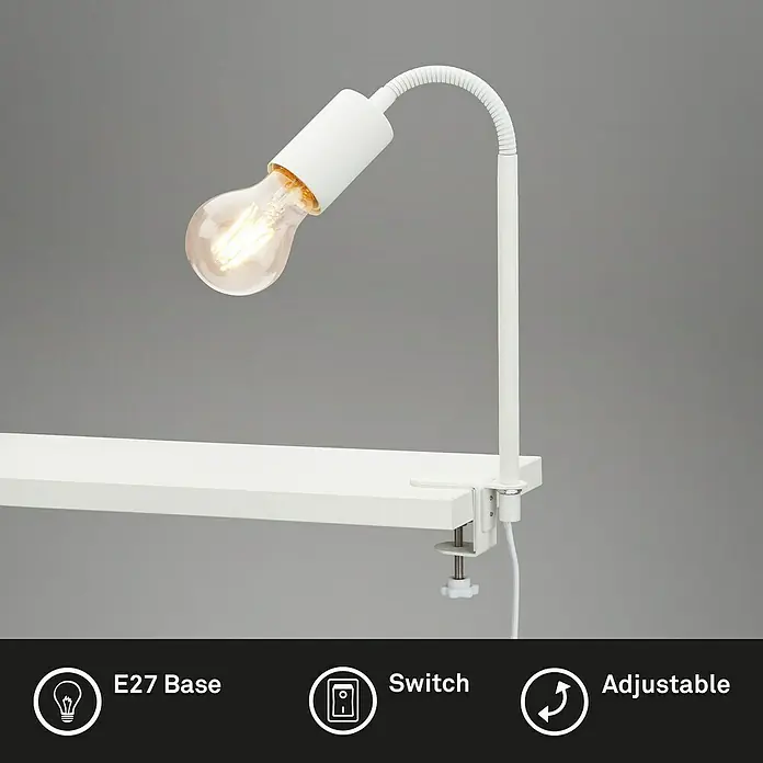 Briloner Klemmleuchte Krampo - 10 W, Farbe Gehäuse: Weiß - Schwenkbare Schreibtischlampe mit E27-Fassung. Die verstellbare Klemmleuchte ist ideal für Büro und Arbeitszimmer und spendet angenehmes Licht.