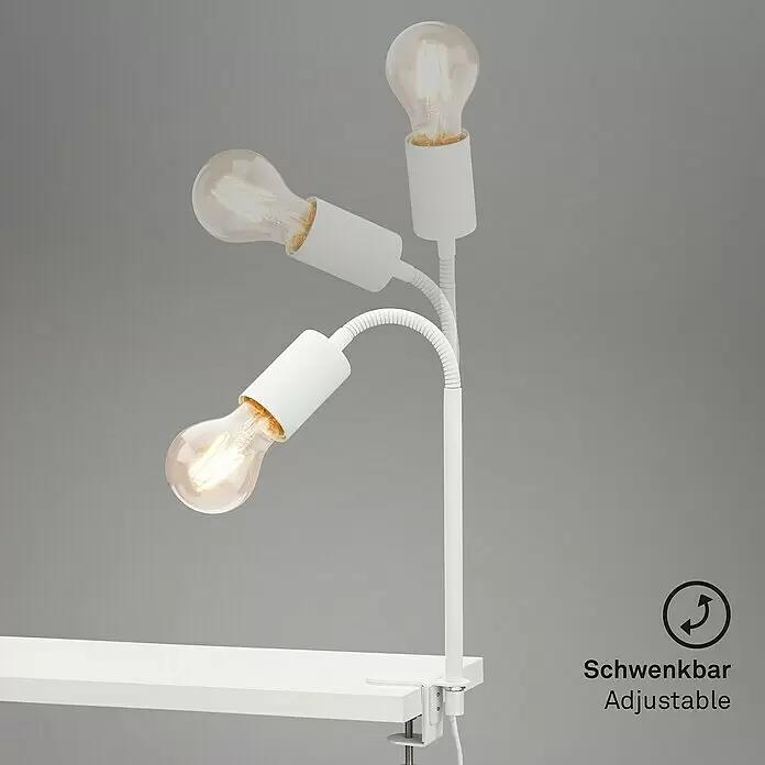 Briloner Klemmleuchte Krampo - 10 W, Farbe Gehäuse: Weiß - Weiße Klemm-Schreibtischleuchte mit drei verstellbaren Schwanenhälsen, jeweils mit freiliegender Edison-Birne, an weißer Fläche befestigt.