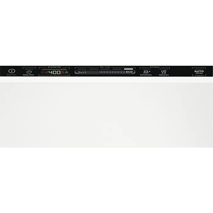 AEG Lavavajillas integrable FSB53617Z - Ancho: 59,6 cm, Número de cubiertos: 13 ud., Completamente integrado, Consumo de agua por uso: 9,9 l - Un primer plano del panel de control de un lavavajillas con opciones como Eco, Quick, Extra Power y Auto Sense para una limpieza eficiente.