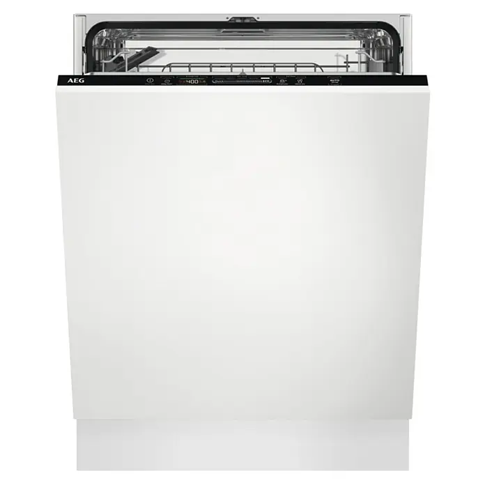 AEG Lavavajillas integrable FSB53617Z - Ancho: 59,6 cm, Número de cubiertos: 13 ud., Completamente integrado, Consumo de agua por uso: 9,9 l - Lavavajillas AEG blanco con puerta abierta que muestra el interior diseñado para una limpieza eficiente de la vajilla.