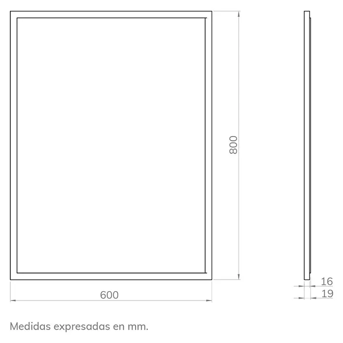 Artysan Espejo con marco Arosa - 60 x 80 cm, Negro - Imagen del producto con dimensiones de 800 x 600 mm y una profundidad de 16 a 19 mm. Las medidas se expresan en milímetros.