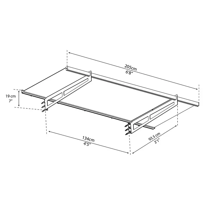 Palram – Canopia Pultvordach Bremen - 205 x 93,5 x 18,7 cm, Anthrazitgrau - Produktansicht des ausziehbaren Bettsystems mit detaillierten Maßangaben für Montage und Raumnutzung.