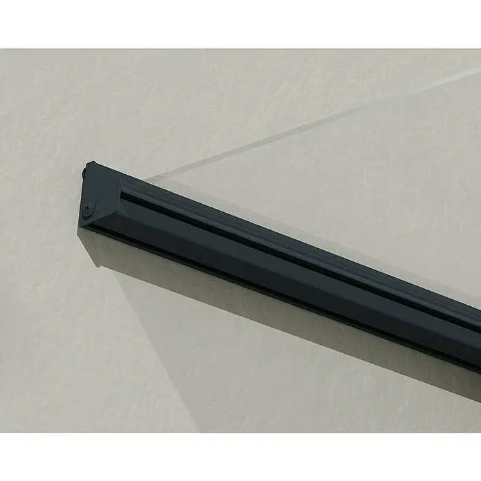 Palram – Canopia Pultvordach Bremen - 150 x 93,5 x 18,7 cm, Anthrazitgrau - Ein Detailaufnahme einer grauen Gardinenstange, die an einer hellen Wand befestigt ist. Die Stange wirkt robust und schlicht.