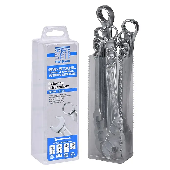 SW-Stahl Ringmaulschlüssel-Satz - Schlüsselweite: 6 mm - 22 mm, Ringstellung: 15 °, 15 -tlg. - Das SW-Stahl Gabelringschlüssel-Set 00162L, 15-teilig, aus mattverchromtem CRV-Stahl, ist ein unverzichtbares Werkzeugset.