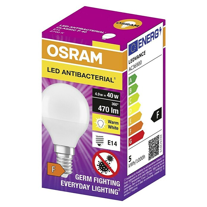 Osram LED žarulja antibakterijska žarulja  (E14, Bez prigušivanja, Topla bijela, 470 lm, 5,5 W, Oblik svjetiljke: Okrugli) | BAUHAUS