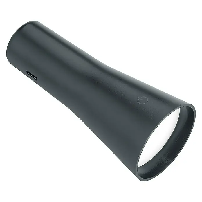 Trio Lighting Lámpara de sobremesa Maxi 3 en 1 - 2 W, Negro, 200 lm - Primer plano de una linterna gris con bordes redondeados y una salida de luz blanca brillante sobre un fondo negro.