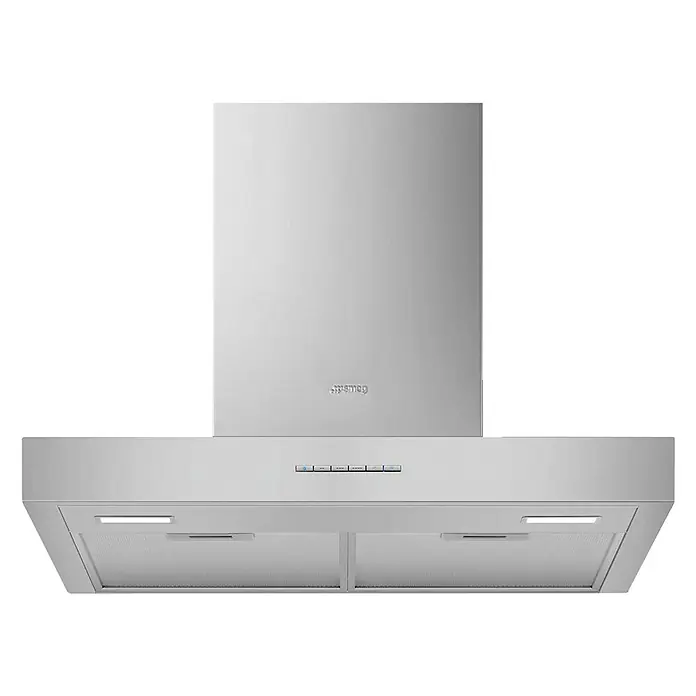 Smeg Campana decorativa KBT600XE - Ancho: 60 cm, Máx. Potencia del ventilador en modo extracción: 473 m³/h, Acero inoxidable - Primer plano de una campana extractora de acero inoxidable con iluminación integrada y panel de control.