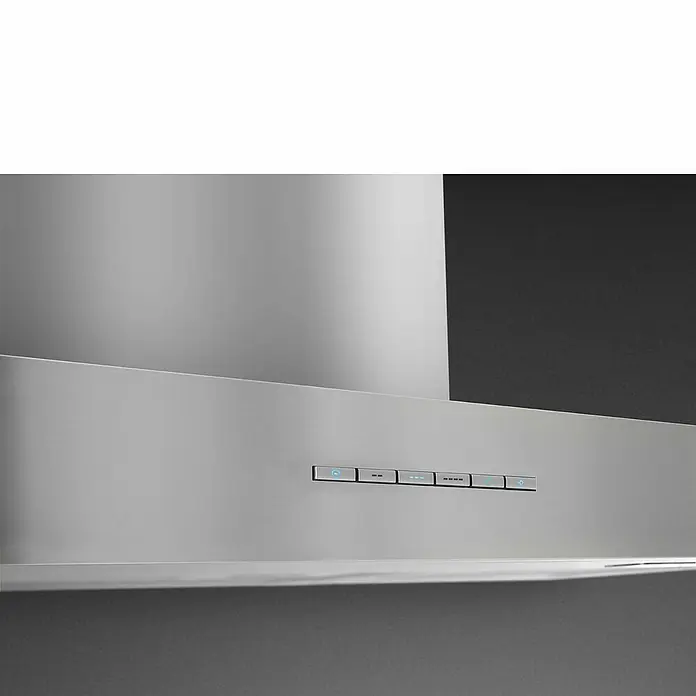 Smeg Campana decorativa KBT900XE - Ancho: 90 cm, Máx. Potencia del ventilador en modo extracción: 480 m³/h, Acero inoxidable - Primer plano de una campana extractora moderna de acero inoxidable con controles iluminados.