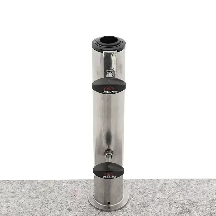 Granitschirmständer - 27 kg, L x B: 45 x 22,5 cm, Passend für: Schirme bis Ø 200 cm - Edelstahl Doppler Ständer mit zwei schwarzen Hebeln und Regenschirm-Logo.
