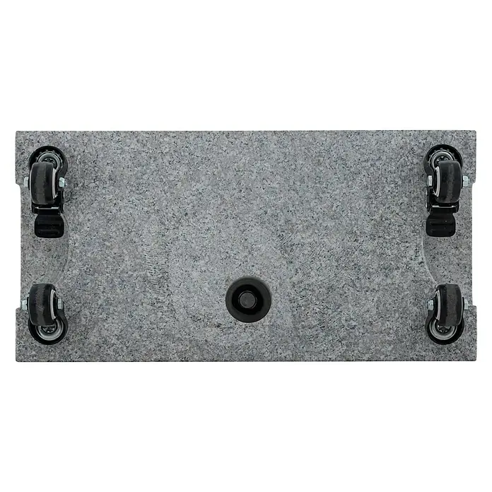 Granitschirmständer - 27 kg, L x B: 45 x 22,5 cm, Passend für: Schirme bis Ø 200 cm - Eine graue Möbelrolle mit vier schwarzen Rollen und einem schwarzen Knopf in der Mitte. Sie ist ideal zum Bewegen von Möbeln.