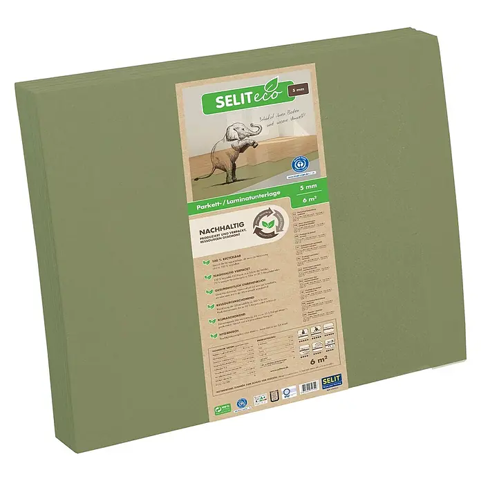 Selit Dämmunterlage Eco6 m², Stärke: 5 mm - Produktbild der SELITeco Parkett-/Laminatunterlage, 5 mm dick, nachhaltig produziert und verpackt, für 6 m² Fläche.