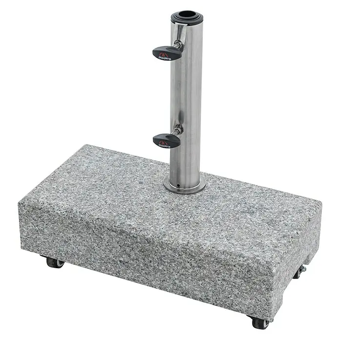 Granitschirmständer - 27 kg, L x B: 45 x 22,5 cm, Passend für: Schirme bis Ø 200 cm - Ein hochwertiger, rechteckiger Sonnenschirmständer aus Granit mit Rollen und einem Edelstahlrohr zur Befestigung des Schirms.