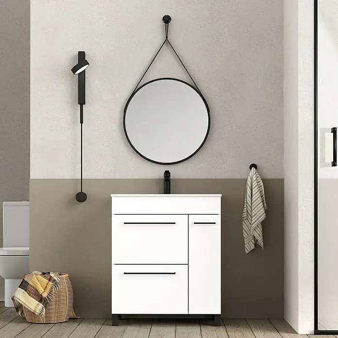 Artysan Mueble bajo de lavabo Tabarca - L x An x Al: 44,6 x 70 x 83,3 cm, Blanco - Mueble de baño con armario blanco, diseño moderno y grifo negro, complementado con un espejo redondo.