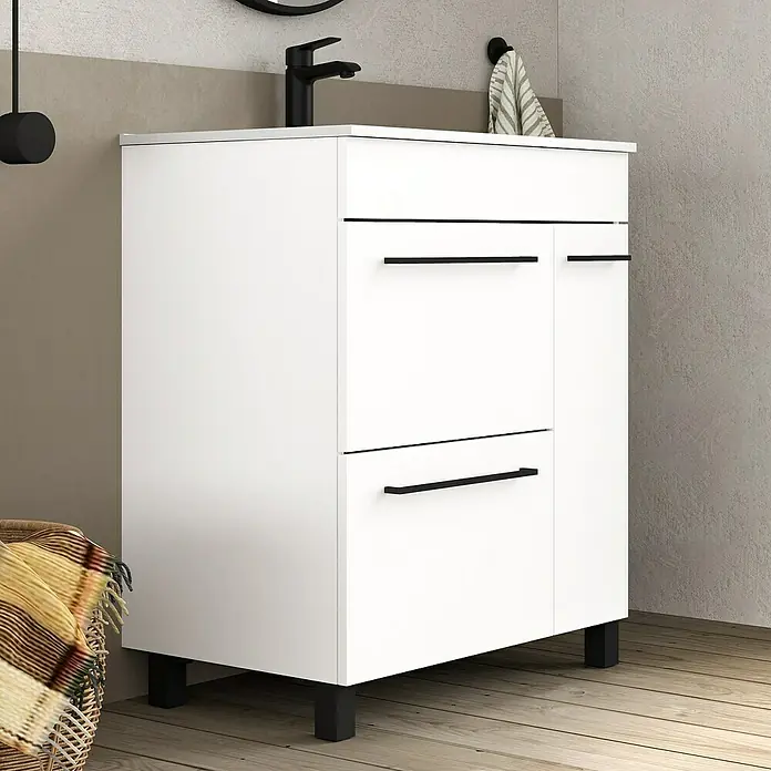 Artysan Mueble bajo de lavabo Tabarca - L x An x Al: 44,6 x 70 x 83,3 cm, Blanco - Un moderno mueble de baño blanco con tiradores y accesorios negros. Perfecto para cualquier diseño de baño y proporciona espacio de almacenamiento.