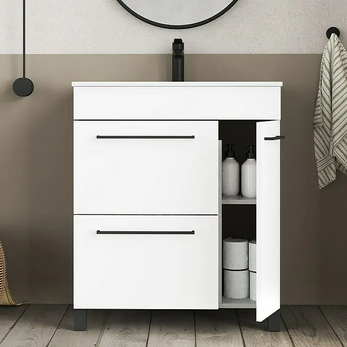 Artysan Mueble bajo de lavabo Tabarca - L x An x Al: 44,6 x 70 x 83,3 cm, Blanco - Tocador de baño blanco con cajones y compartimento de almacenamiento abierto para artículos de tocador y toallas.