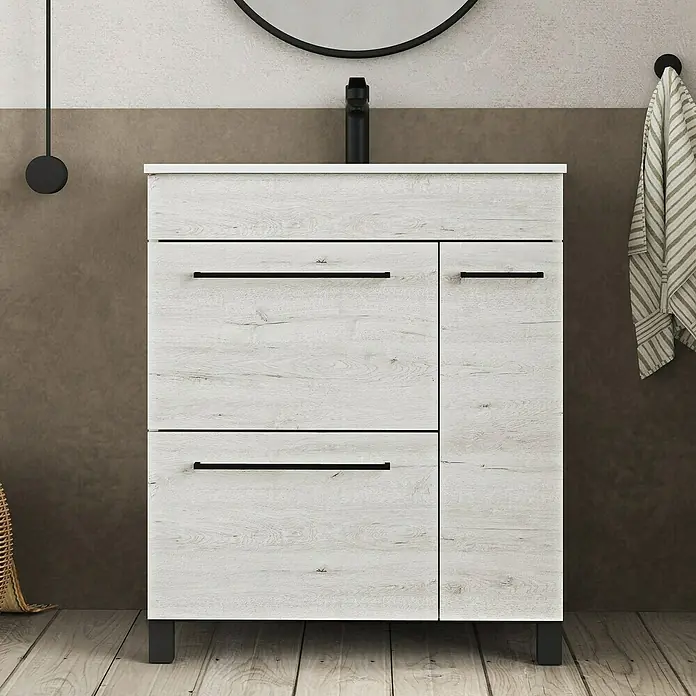 Artysan Mueble bajo de lavabo Tabarca - L x An x Al: 44,6 x 70 x 83,3 cm, Silver - Mueble de baño moderno de madera con tiradores negros, diseño elegante para un baño con estilo.