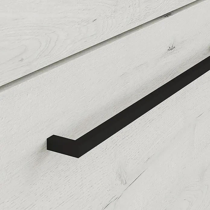 Artysan Mueble bajo de lavabo Tabarca - L x An x Al: 44,6 x 70 x 83,3 cm, Silver - Un primer plano de un toallero negro contra una pared de madera blanca, que muestra un elemento de diseño minimalista y moderno.