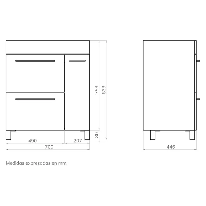 Artysan Mueble bajo de lavabo Tabarca - L x An x Al: 44,6 x 70 x 83,3 cm, Musgo - Vista del producto: Mueble de lavabo con cajones y puerta, vista lateral con dimensiones en milímetros. Práctico mueble de baño.