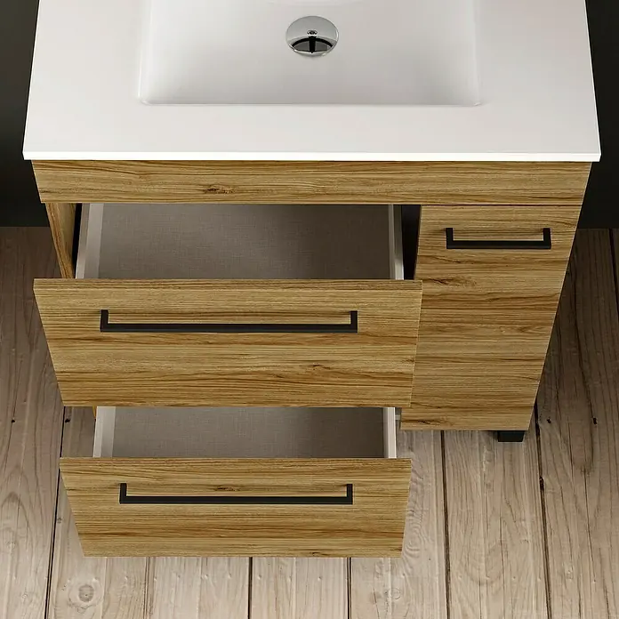 Artysan Mueble bajo de lavabo Tabarca - L x An x Al: 44,6 x 80 x 83,3 cm, Roble Guadarrama - Mueble de baño con lavabo y dos cajones abiertos con tiradores en negro. Aspecto madera.