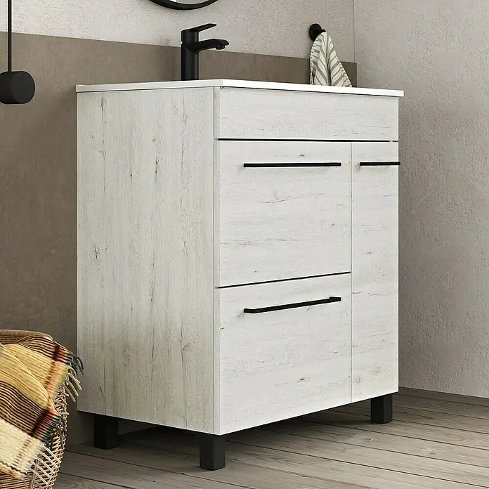 Artysan Mueble bajo de lavabo Tabarca - L x An x Al: 44,6 x 70 x 83,3 cm, Silver - Mueble de baño blanco con textura de madera, tiradores y patas negros, para un diseño de baño moderno.