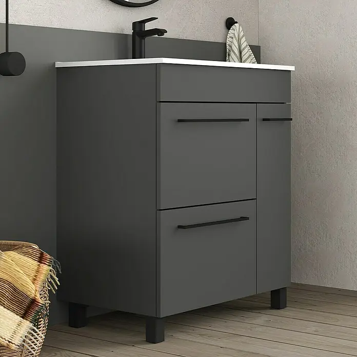 Artysan Mueble bajo de lavabo Tabarca - L x An x Al: 44,6 x 70 x 83,3 cm, Antracita - Mueble de baño moderno gris con cajones y puerta, complementado con una elegante encimera blanca.