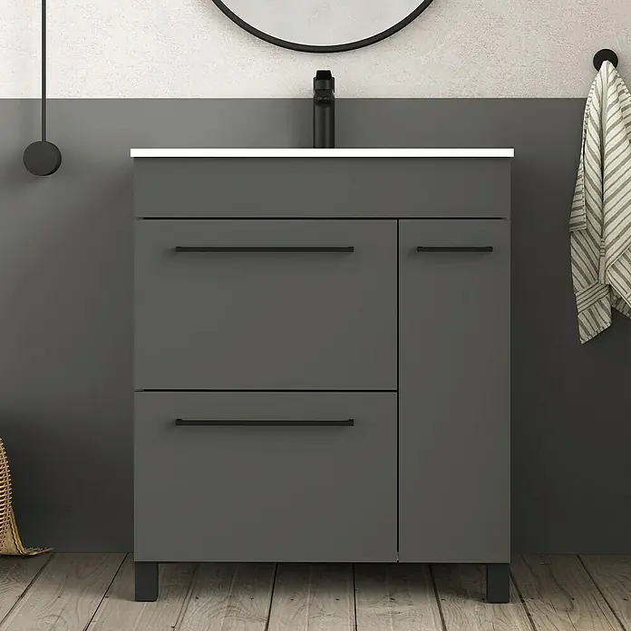 Artysan Mueble bajo de lavabo Tabarca - L x An x Al: 44,6 x 70 x 83,3 cm, Antracita - Elegante mueble de baño gris con dos cajones y una puerta, ideal para diseños de baño modernos.