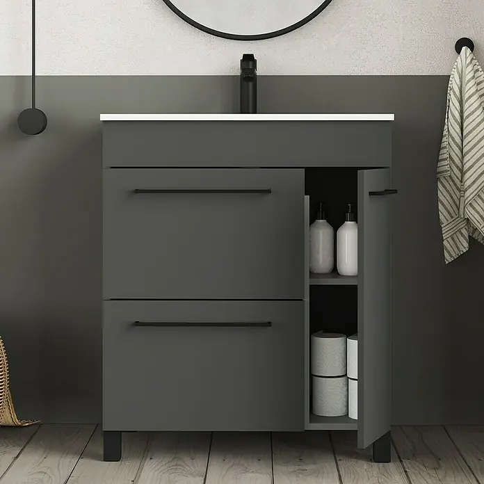 Artysan Mueble bajo de lavabo Tabarca - L x An x Al: 44,6 x 70 x 83,3 cm, Antracita - Mueble de baño gris con cajones y puerta abierta que muestra muebles de baño elegantes para baños modernos.