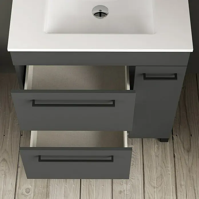 Artysan Mueble bajo de lavabo Tabarca - L x An x Al: 44,6 x 70 x 83,3 cm, Antracita - Este moderno conjunto de tocador con dos cajones ofrece un amplio espacio de almacenamiento en un elegante acabado gris.
