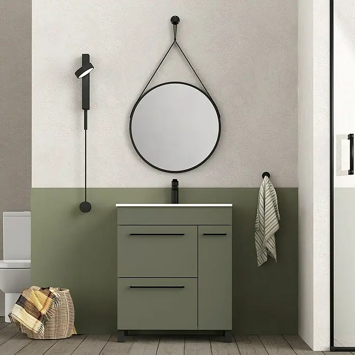 Artysan Mueble bajo de lavabo Tabarca - L x An x Al: 44,6 x 70 x 83,3 cm, Musgo - Moderno conjunto de tocador de baño en verde oliva con un diseño minimalista y un espejo redondo a juego. Muebles de baño elegantes para el hogar.
