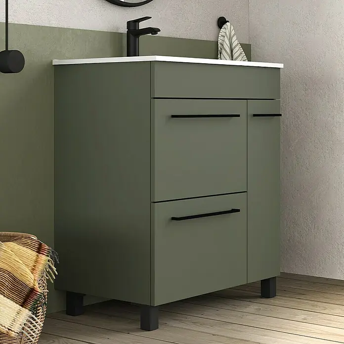 Artysan Mueble bajo de lavabo Tabarca - L x An x Al: 44,6 x 70 x 83,3 cm, Musgo - Moderno mueble de baño verde oliva con encimera blanca y herrajes negros, ideal para un baño elegante.