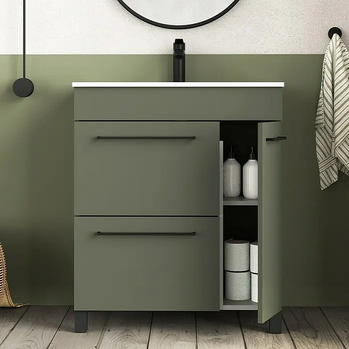 Artysan Mueble bajo de lavabo Tabarca - L x An x Al: 44,6 x 70 x 83,3 cm, Musgo - Elegante mueble de baño en verde oliva con espacio de almacenamiento abierto, ideal para mantener organizados los elementos esenciales.
