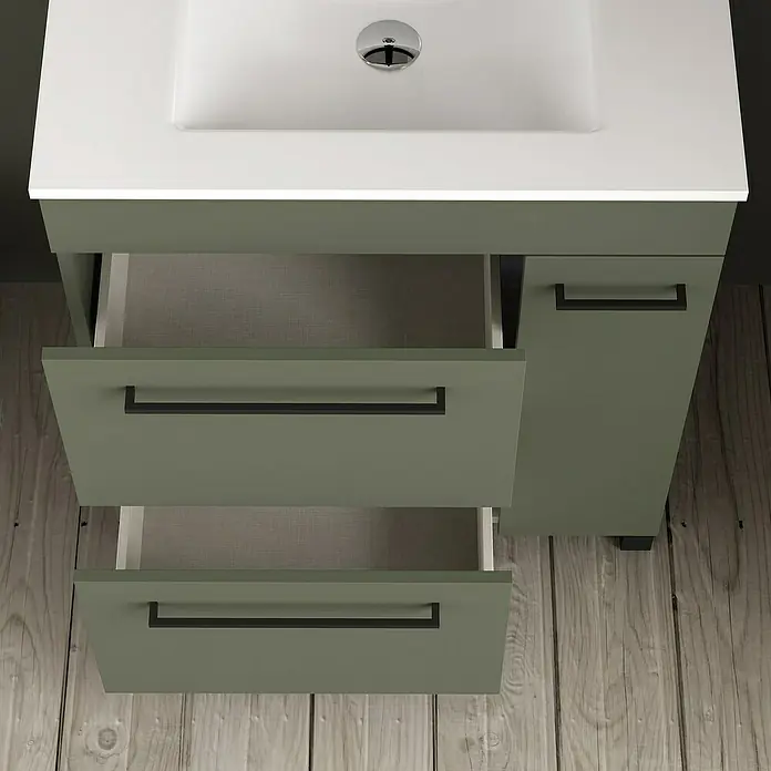 Artysan Mueble bajo de lavabo Tabarca - L x An x Al: 44,6 x 70 x 83,3 cm, Musgo - Mueble de baño moderno en verde oliva con cajones abiertos y tirador negro. Perfecto para cualquier baño.